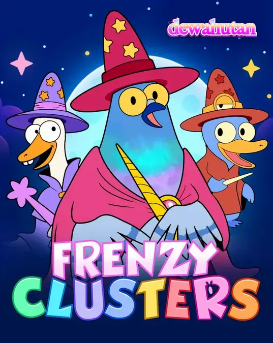 Tampilan antarmuka permainan slot Frenzy Clusters dengan karakter kartun dan grid berwarna-warni.